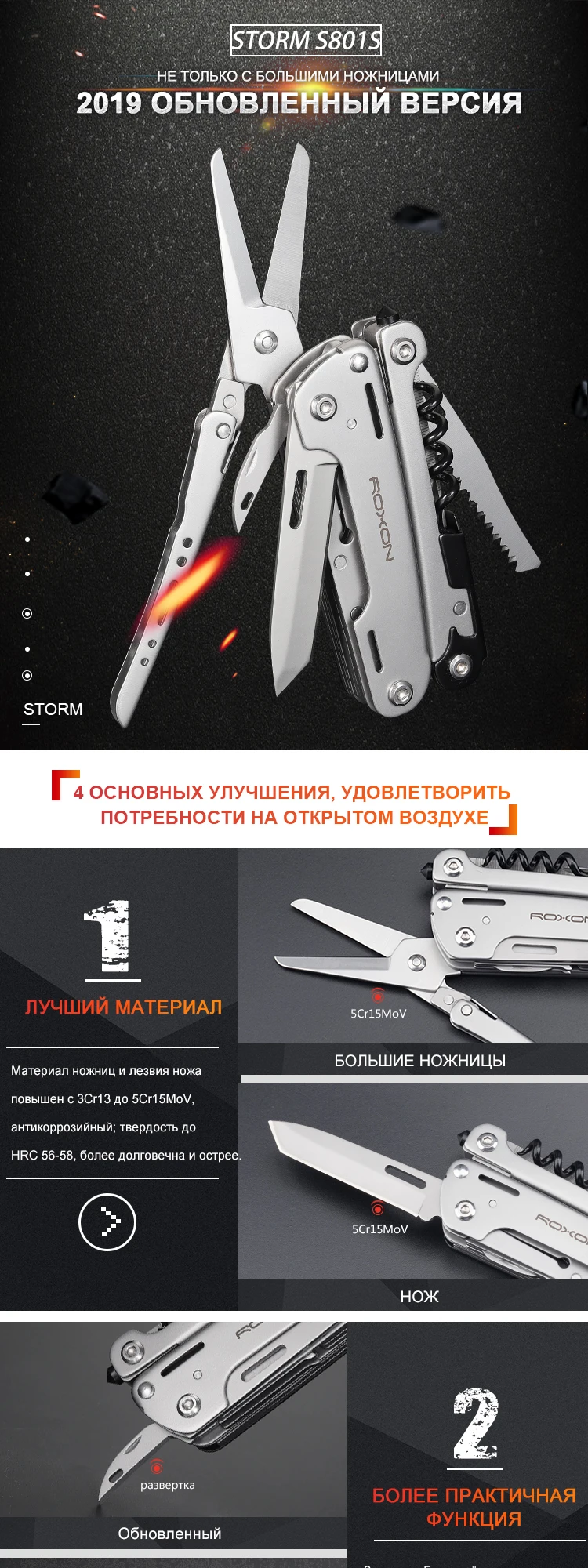 ROXON S801S 16 в 1 многофункциональные плоскогубцы-карманный нож для повседневного использования, ножницы, кусачки, отвертка, биты, инструмент повседневного ношения, для выживания, кемпинг