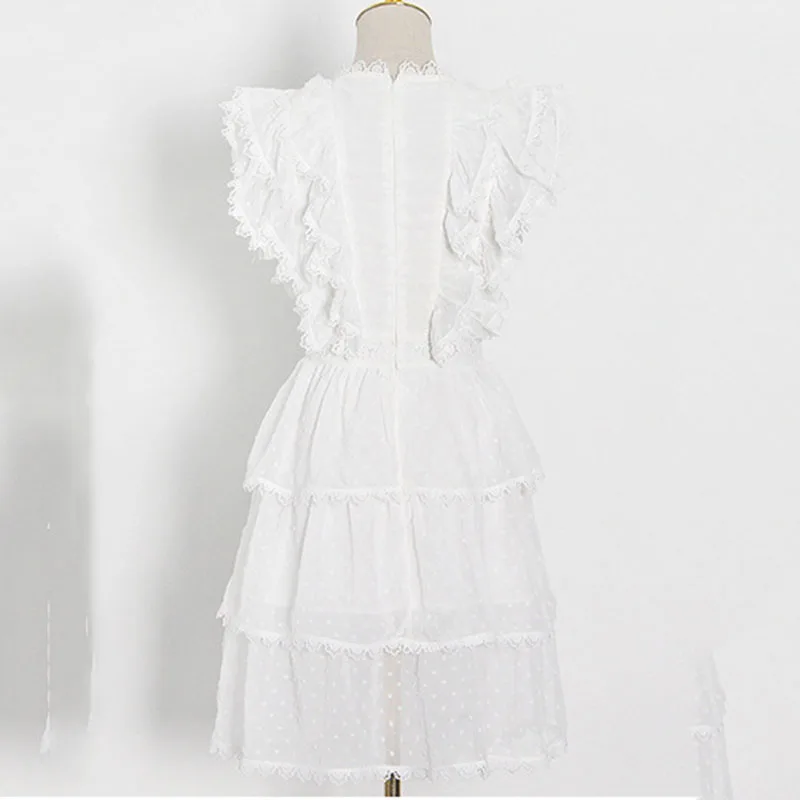 

SeeBeautiful Ruffles Stitdhing Lace Loose A-line Dress O Neck Sleeveless High Waist New Fashion 2021 Spring Women E140
