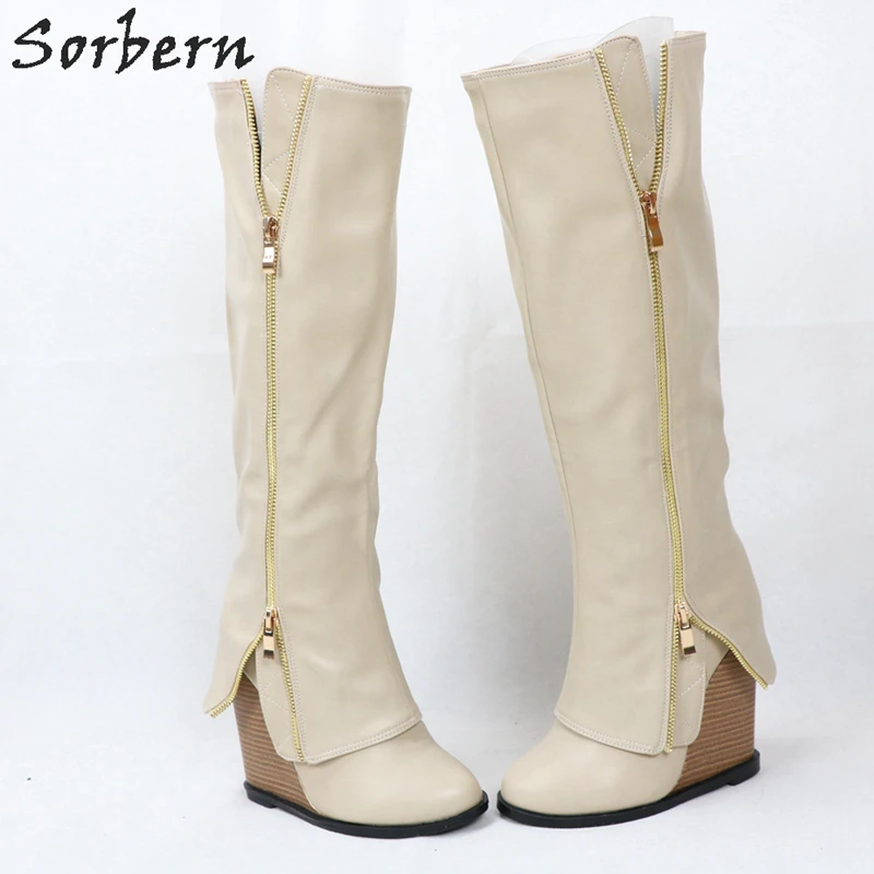 Sorbern/женские сапоги до колена цвета хаки на танкетке высоком каблуке молнии botas