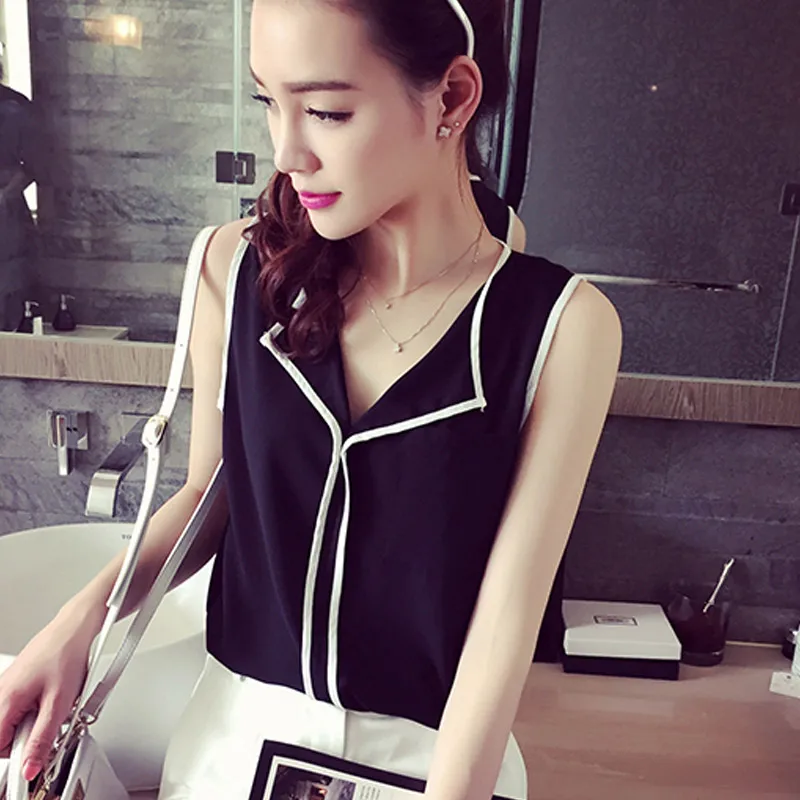 Модная женская футболка v-образный вырез шифоновый топ без рукавов элегантные