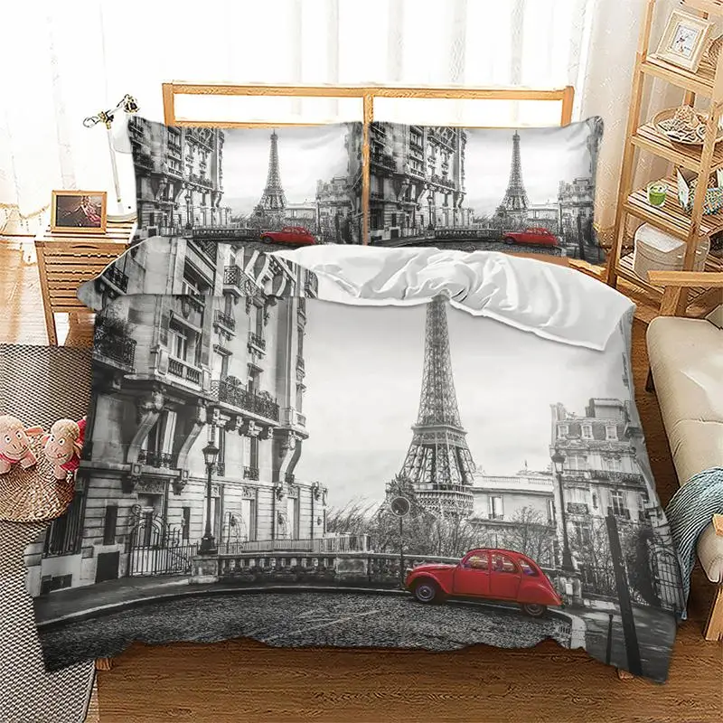 Paris Tower London City Scenery Big Ben Red Telephone Booth Bus Print Bedding Set Quilt Duvet Cover+Pillow Case US AU EU Size | Дом и сад
