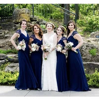 navy blue graceful formal wedding bridesmaid dress deep v neck lace applique short sleeve tulle floor length long party gowns