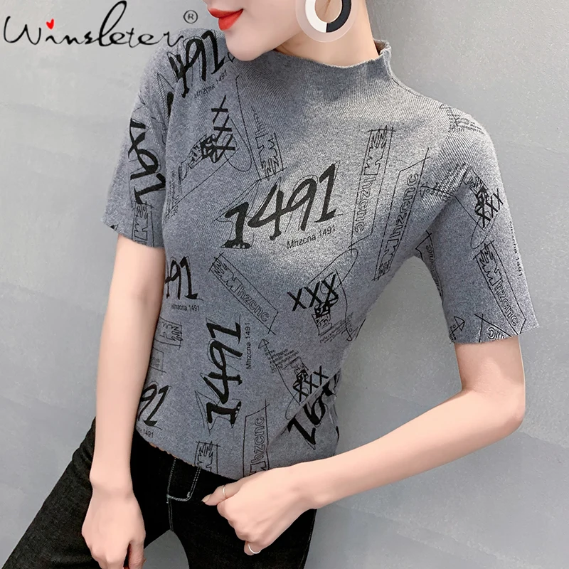 

Summer Knit T-Shirt Women Print Graffiti Letters Women Tops Mock Neck Short Sleeve Elastic Slim Tees 2021 T13405A