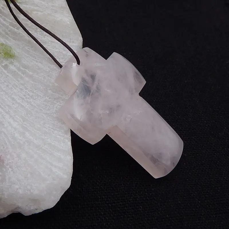 Natural Stone Rose Quartz Cross Necklace Pendant Jewelry Gift Gem Customized Gemstone 45x30x7mm 15g