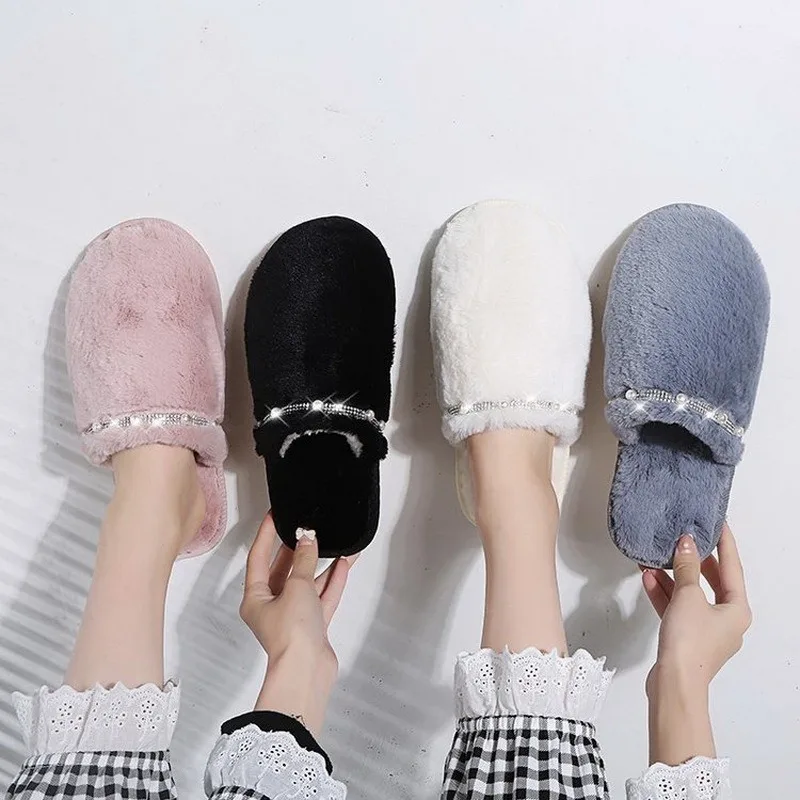 

Indoor Home Women Slippers Lovely Pearl Chain Ladies Slides Female Sandals House Slippers 2021 Winter Warm Flat Women Shoes