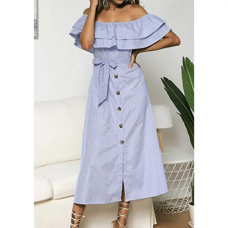 

K3NF Women Summer Beach Off Shoulder Striped Ruffle Button BOHO Midi Dress