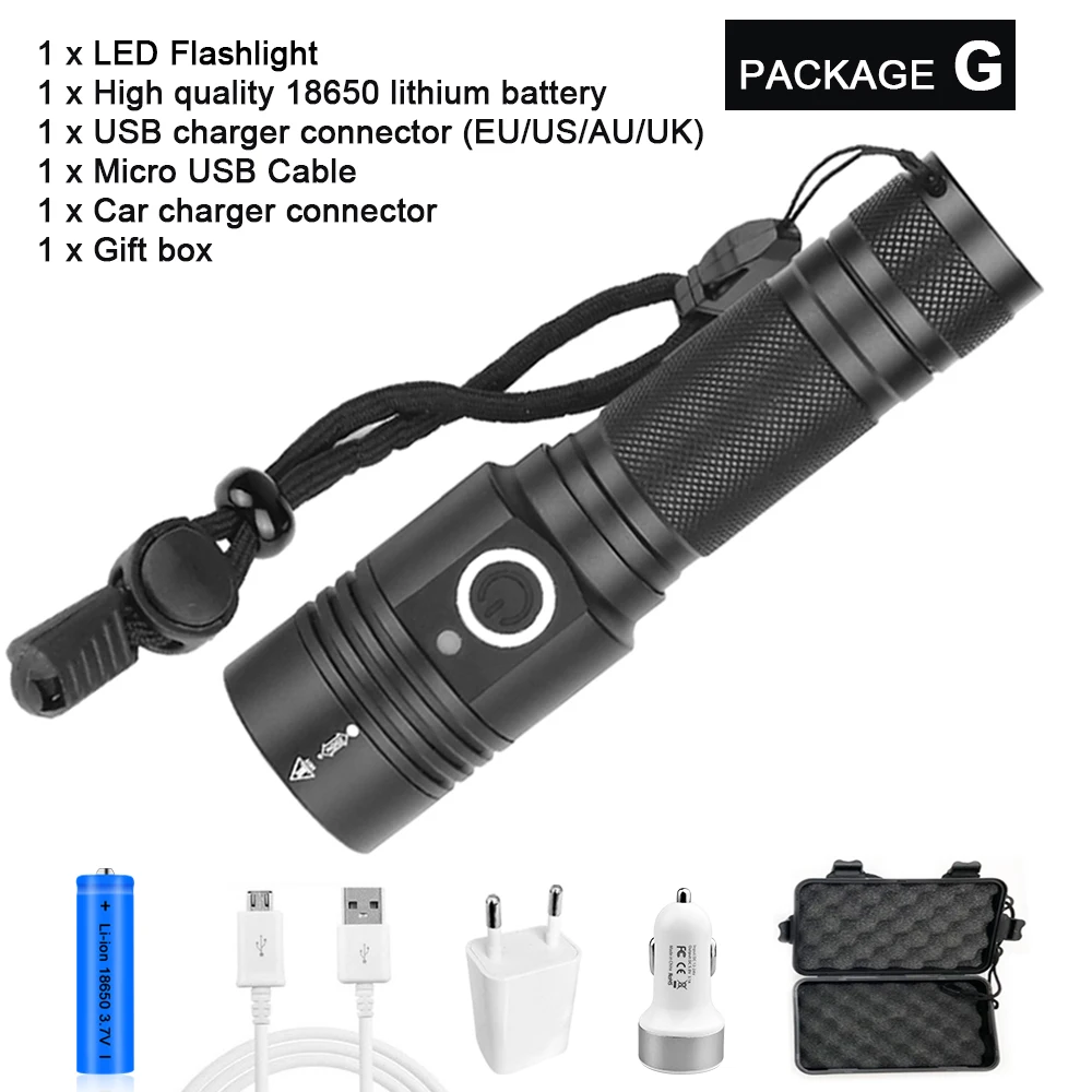 Package G Супер яркий XHP50 светодиодный фонарик самый мощный фонарик с зумом охотничья вспышка light18650 водонепроницаемый USB перезаряжаемый светодиодный фонарь - Испускаемый цвет: Package G