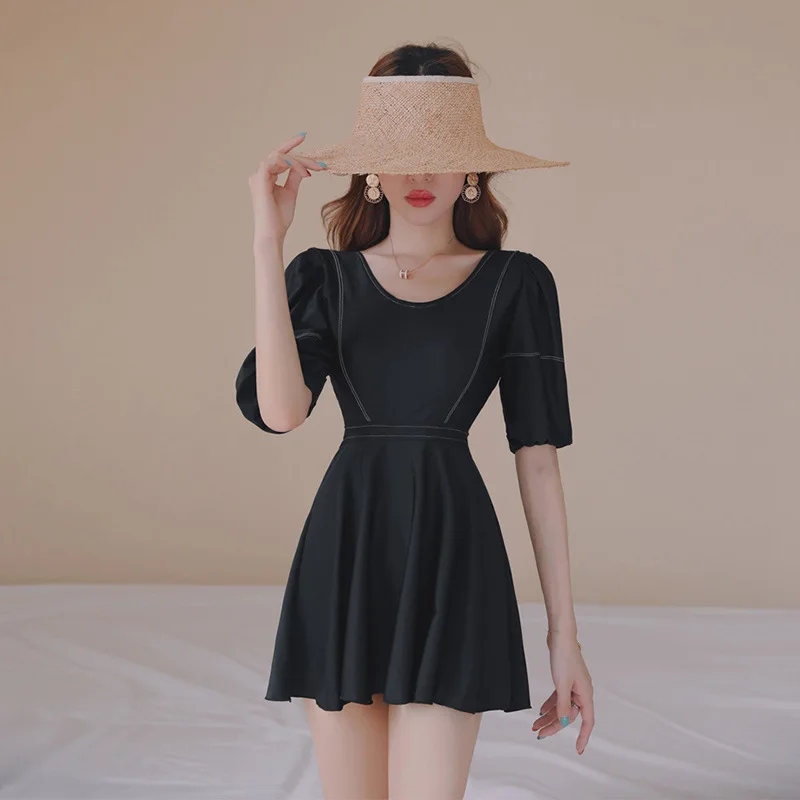 Консервативная юбка купальник женский скрывающий живот тонкая маленькая черная