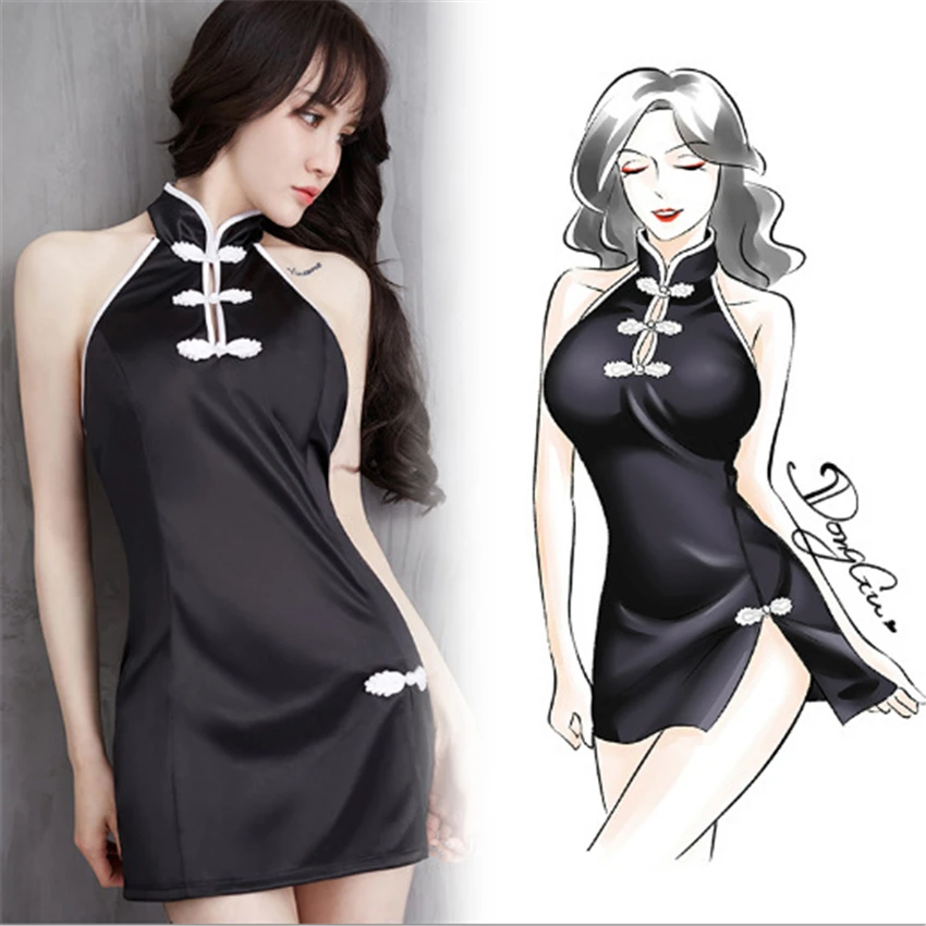 Женское пикантное платье-Ципао в китайском стиле с открытой спиной и лямкой на