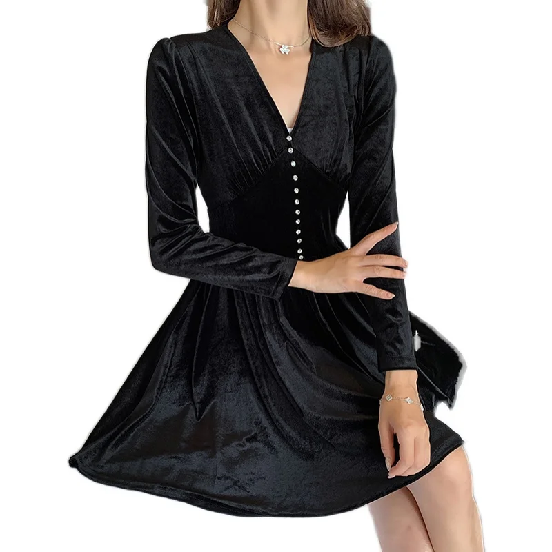 

Autumn Winter V Neck Women Long Sleeve Sexy Dress Slim High Waist Velvet Solid Black Dresses Temperament Pleuche Bottoming Dress