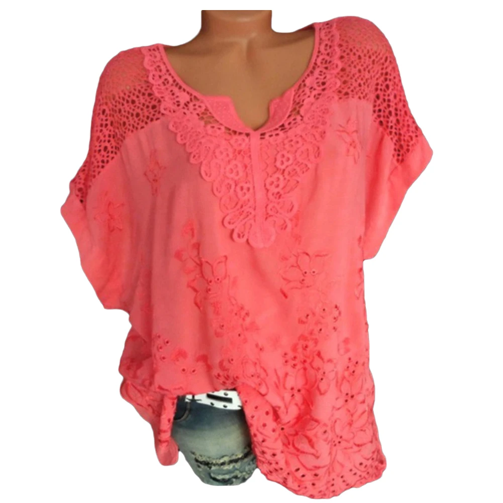 woman shirt 2020 V Neck Short Batwing Sleeve Blouse Floral Embroidery Hollow out shirt женские футболки vetement ete femme