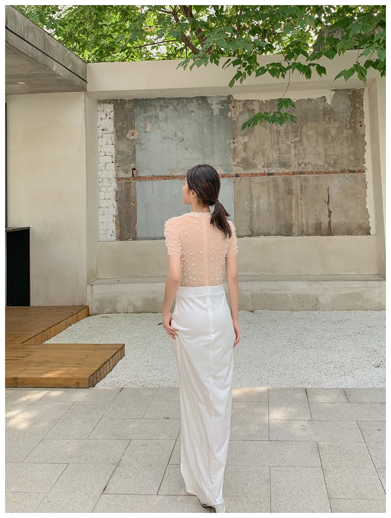 

High-End Designer Pearl High Waist Slit Maxi Dress Women O-Neck Short Sleeve Tight Irregular Dress Annual Party Elegant Dress