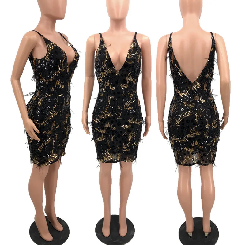 Женское платье на бретелях спагетти с блестками и глубоким V образным