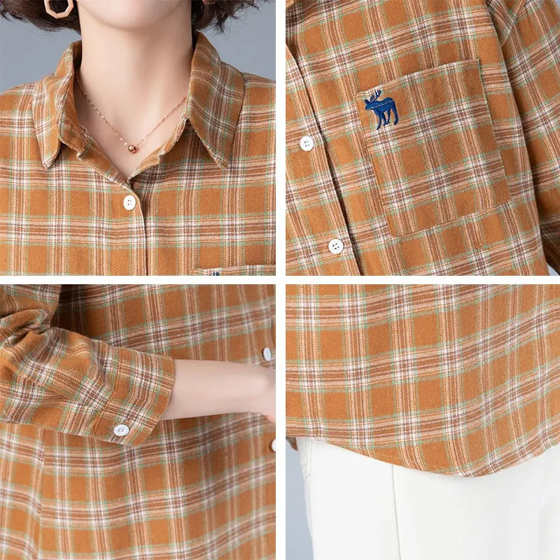 

Plus Size Women Cotton Casual Shirts New 2020 Autumn Korean Simple Style Vintage Plaid All-match Female Long Sleeve Tops S2616