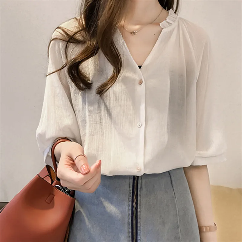 Women Blouse Spring Summer Loaded New Loose V-neck Short-sleeved Chiffon Bottoming Shirt Female Students Super Fairy Wild Shirt