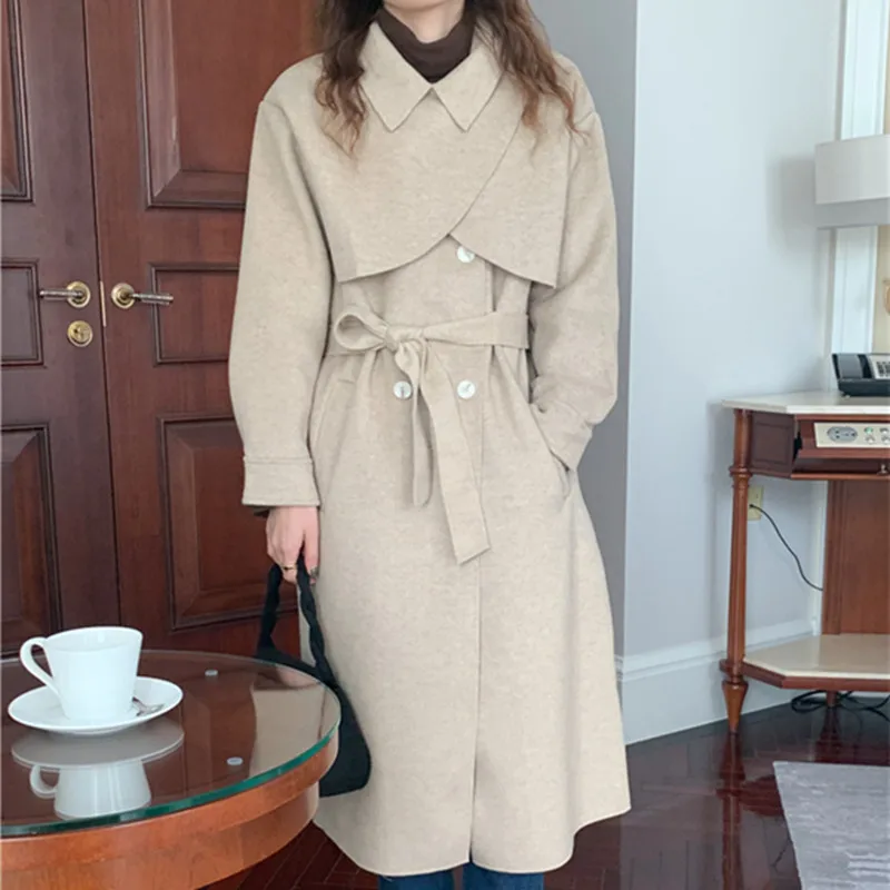 Vintage Lapel Detachable Shawl Faux Wool Blend Coats 2022 New Korean Long Jackets Two-piece Double-sided Woolen Coat