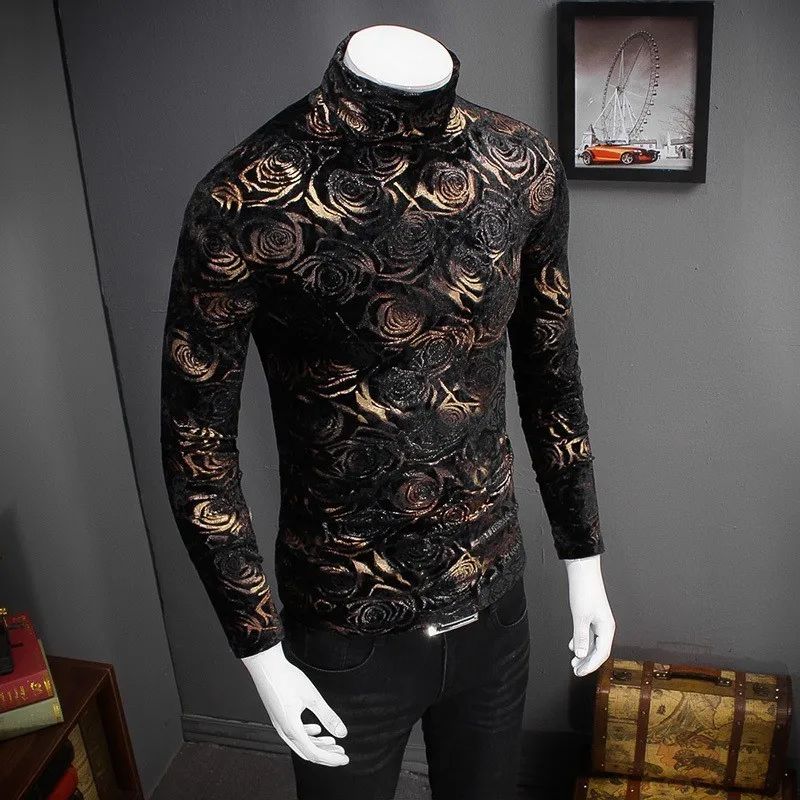 2020 New Black Gold Rose T-Shirt Men Autumn Winter Turtleneck Slim Fit Long Sleeve Floral Printed Thick Warm Tees Tops Homme | Мужская