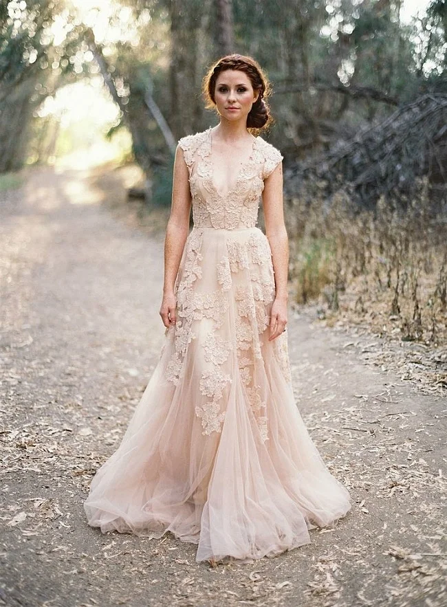 

V Neck Full Lace Appliques Blush Champagne Long Sweep Train Formal Bridal Gowns Cheap Country A Line Wedding Dresses