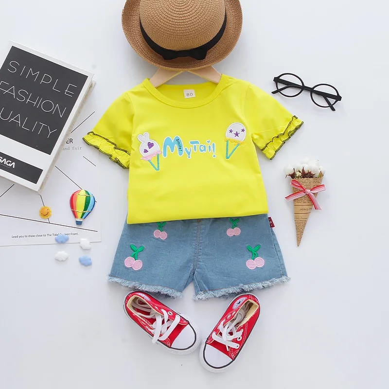 Комплект летней одежды для девочек Новый Модный хлопковый комплект из 2
