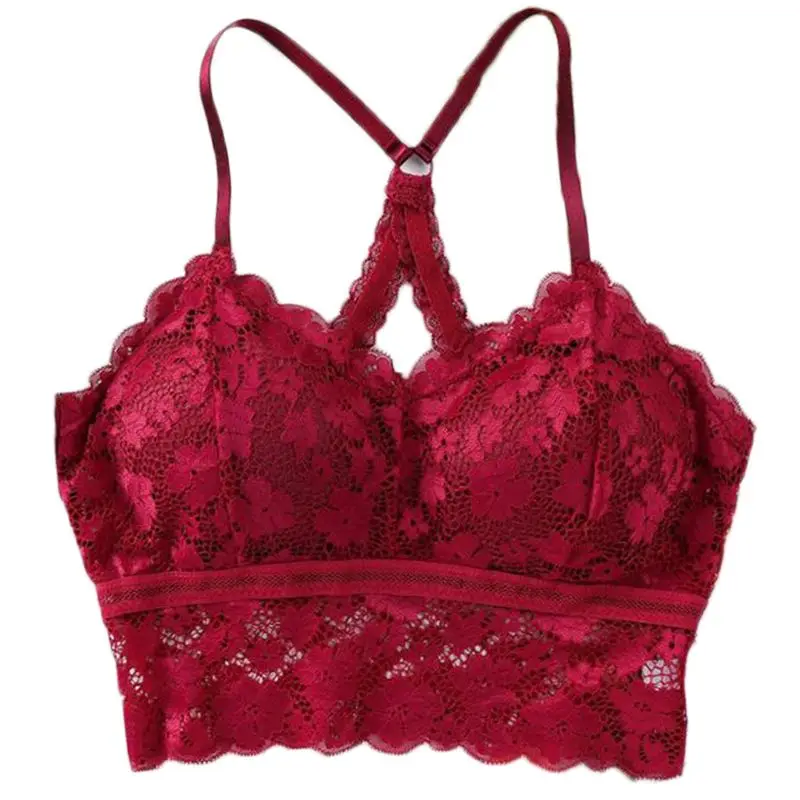 Women Sexy Floral Lace Bralette Padded Racerback Bra Hollow Backless Crop Top X3UE