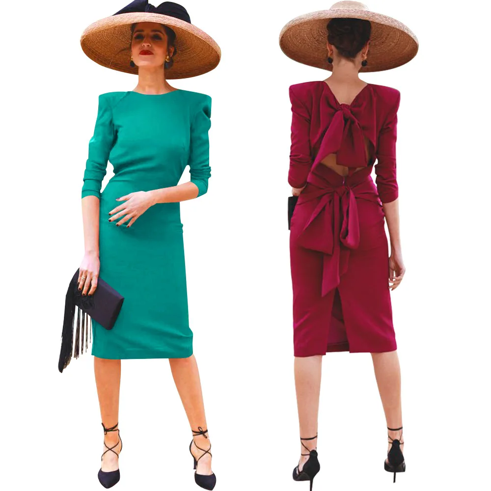 

Новое однотонное платье с разрезом на спине и бантом, облегающее вечернее платье-карандаш с длинными рукавами