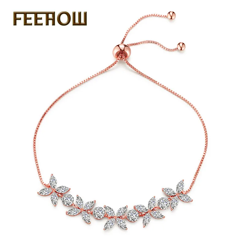 Rose Gold 37 FEEHOW, высокое качество, Marquise Cut, прозрачный CZ циркониевый браслет и браслеты для женщин, подарок, модный, кристалл, камень, лист, ювелирное изделие, FWBP061 - Окраска металла: Rose Gold 37