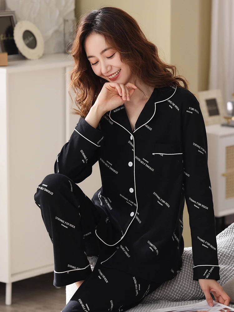Pure Cotton Pajamas Women Winter Letter Pijama Nightwear Cotton Home Clothes Sleepwear for Ladies PJ Set Soft Black Pyjama Femme