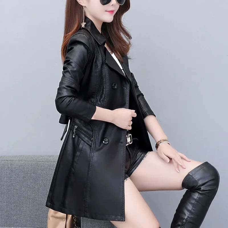 

Autumn Office Ladies Mid Long Pu Leather Jacket Slim Fit Double Breasted Belted Trench Coat Padded Faux Leather Jacket Outerwear