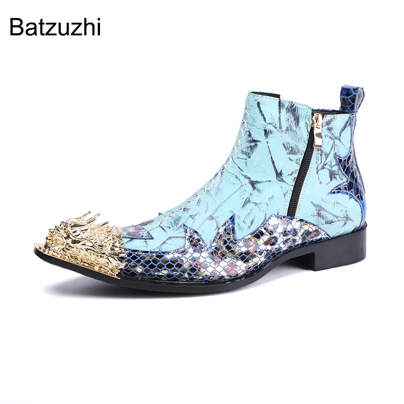 

Batzuzhi New Design Men's Boots Personality Golden Iron Toe Blue Genuine Leather Ankle Boots Men Zip Western Cowboy, Party Botas