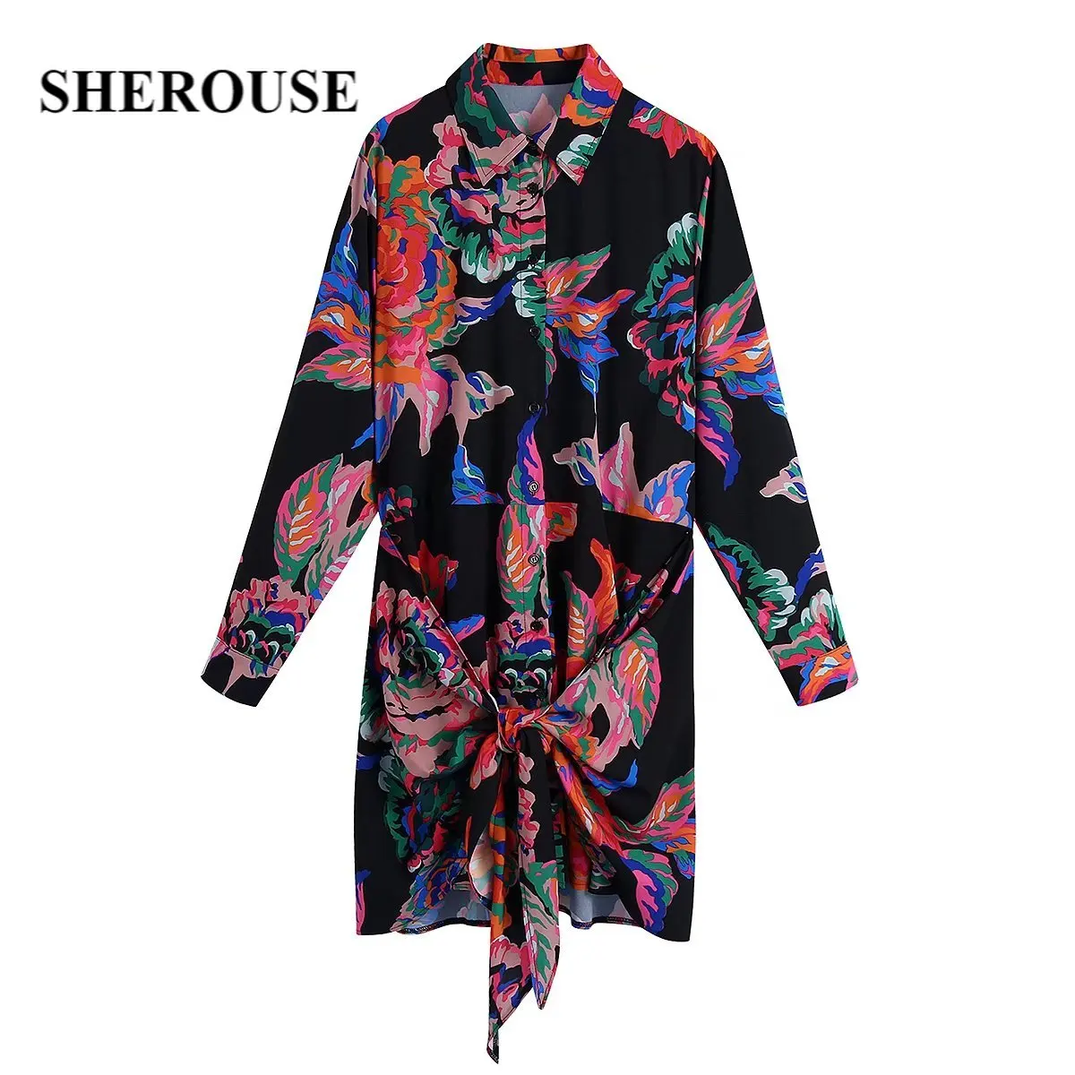 

Женское однобортное мини-платье Sherouse, винтажное однобортное платье с длинными рукавами и отложным воротником