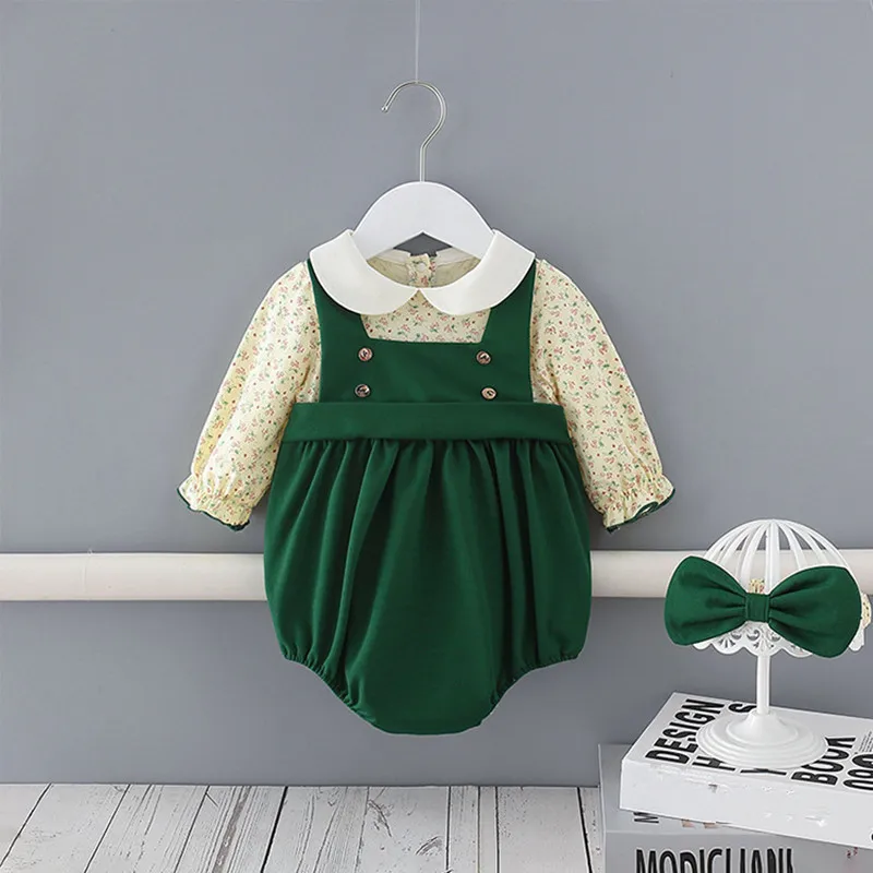 

Infant Baby Girls Autumn Bodysuits Full Sleeve Peter Pan Collar Flower Newborn Jumpsuits Toddler Clothes with Hairband 0-2Y