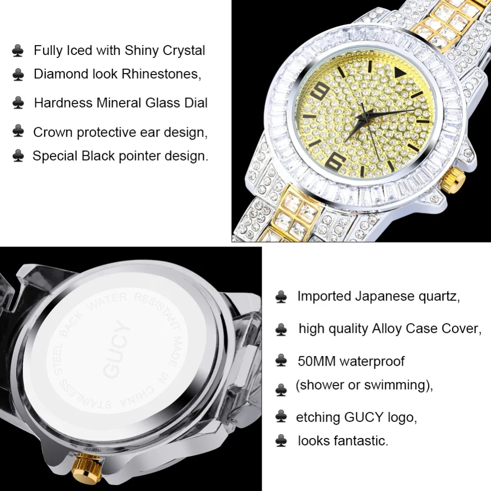 GUCY AAA ICED OUT хип-хоп наручные часы с микро pave CZ браслет из нержавеющей стали Прямая поставка