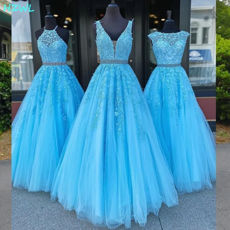 

Sky Blue Beaded Lace Bridesmaid Dresses Sheer Plunging Neck Maid Of Honor Gowns Floor Length Tulle Wedding Guest Dress 2020
