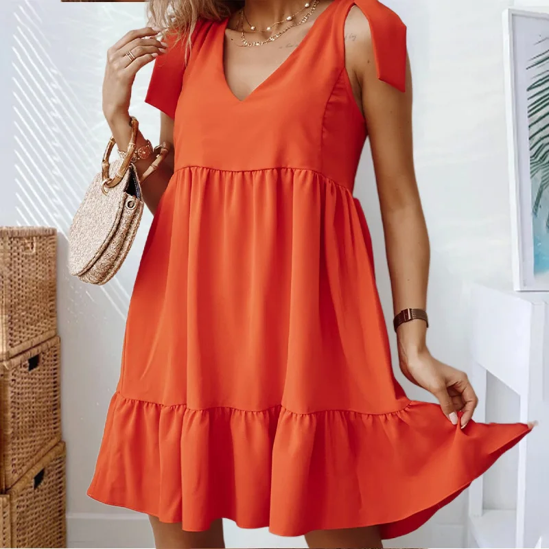 

Women Sexy V Neck Hollow Out Mini Dress 2021 Summer Female Casual Pleated Ruffle Solid Tie-up Bow Straps Party Dress