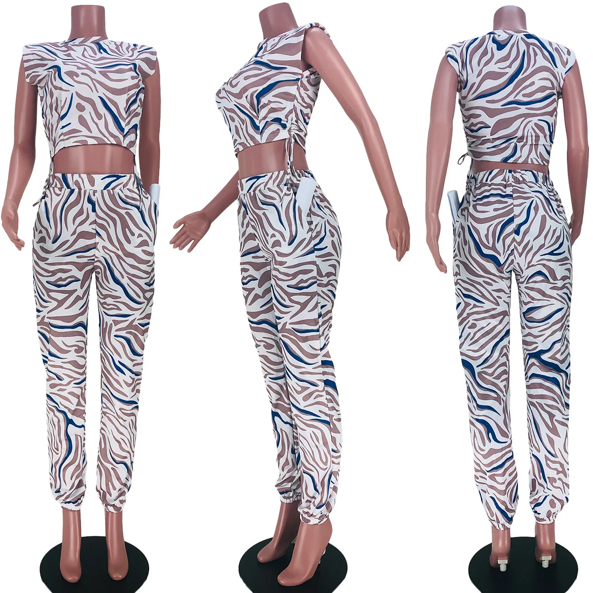 

Donsignet Women Set 2021 Casual Suit Two Piece Suit Sleeveless Sports Drawstring Women Crop Top and Pants Set Two Piece Outfits