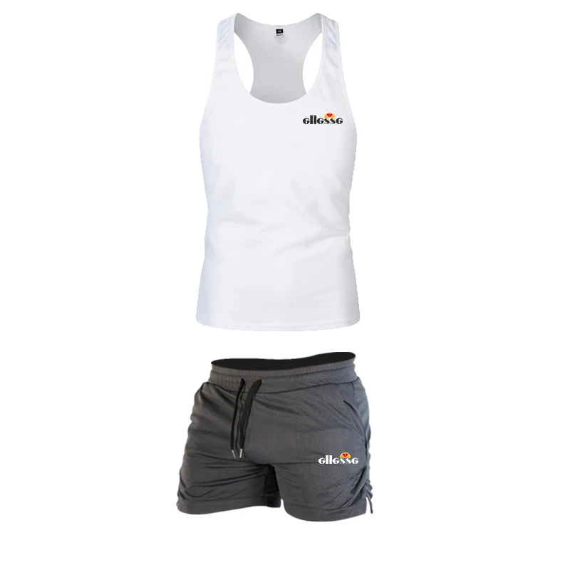 

Fashionable new men's 2-piece set, summer cotton fitness Vest + shorts, fashionable men's fitness suit, Vest + Beach Shorts