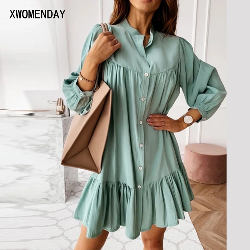 

Платье осень-весна, модное однотонное повседневное платье с рюшами и лонгслив, свободные платья на пуговицах, одежда для женщин, новинка 2020 ...