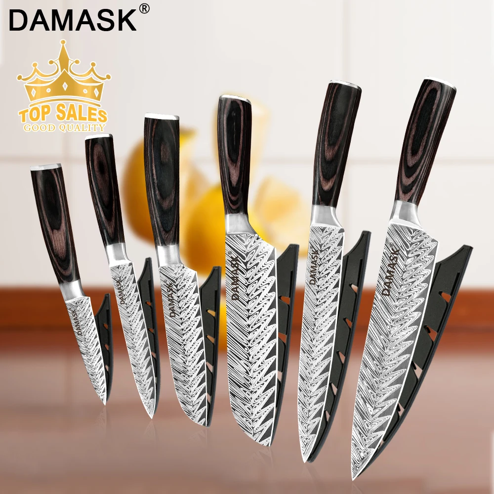 Набор кухонных ножей Damask 7Cr17 Mov кухонный нож из нержавеющей стали высококлассный нож с рисунком рыбьей кости с бесплатными подарочными ножны