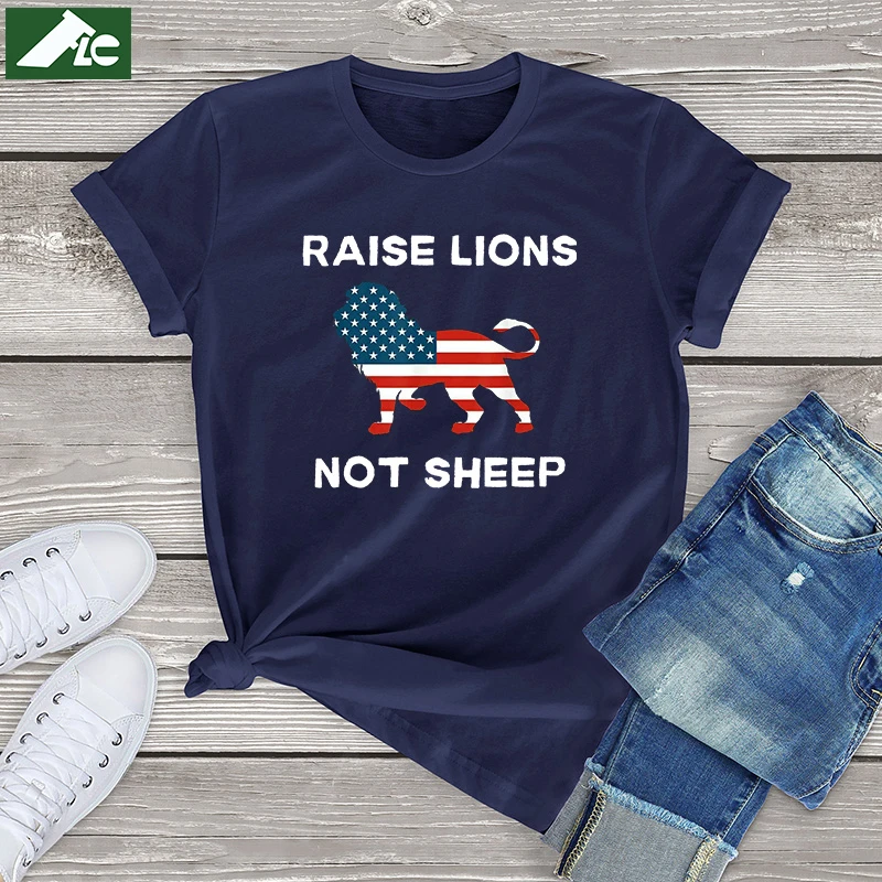 

100 Cotton American T Shirt Men Women Clothing Graphic Raise Lions Not Sheep Women's Shirt Vintage Unisex Mens Short Sleeve Tees