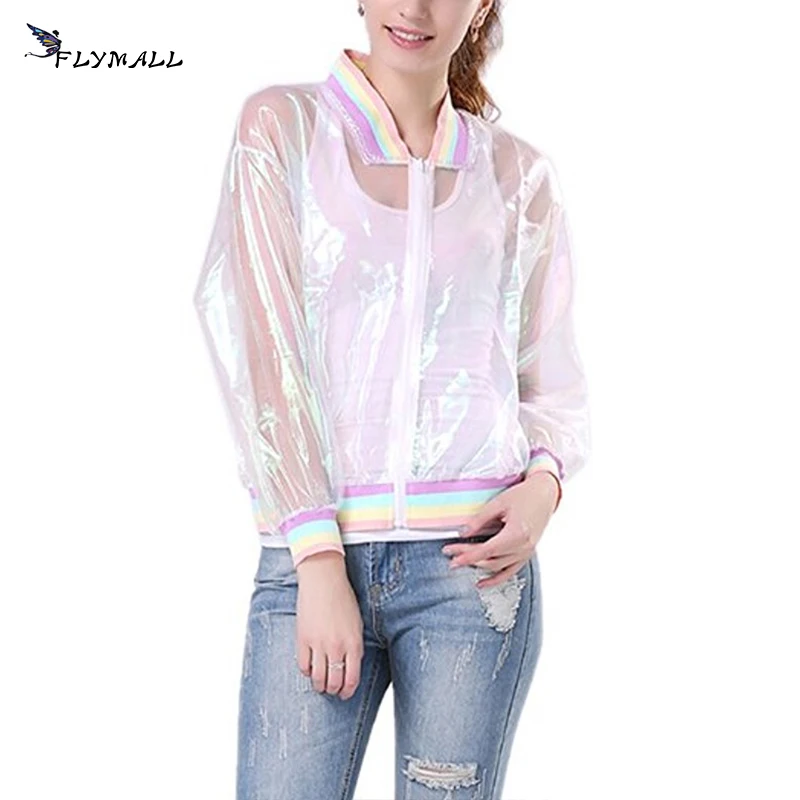 Куртки пальто прозрачное женское Радужное 2019 лето осень солнцезащитный бомбер