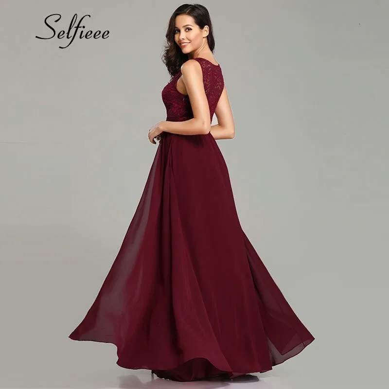 Новогодние женские платья Длинные сексуальные трапециевидные шифоновые кружевные летние пляжные платья без рукавов с круглым вырезом Элегантные бордовые вечерние платья