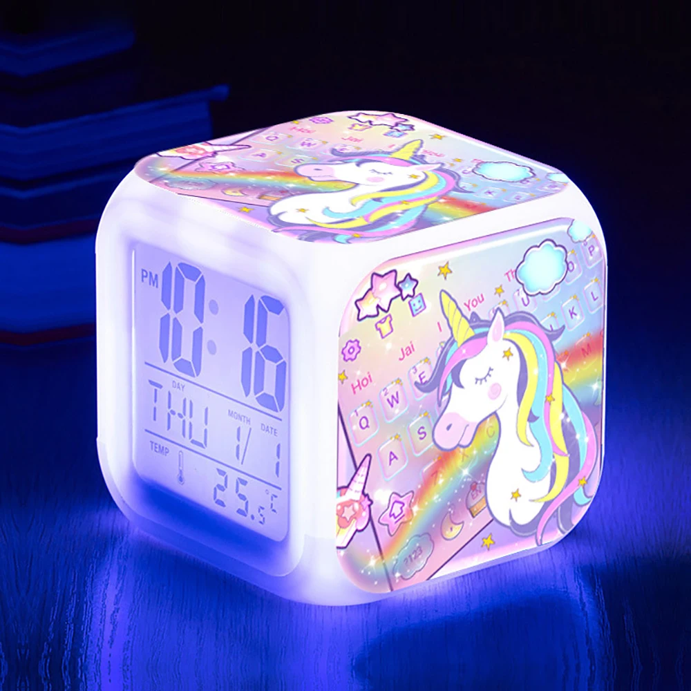 purple-no batteries Единорог детский будильник 7 цветов светодиодный ночной Светильник Wake Up часы с термометром Повтор будильник домашний стол Декор Рождественский подарок - Цвет: purple-no batteries