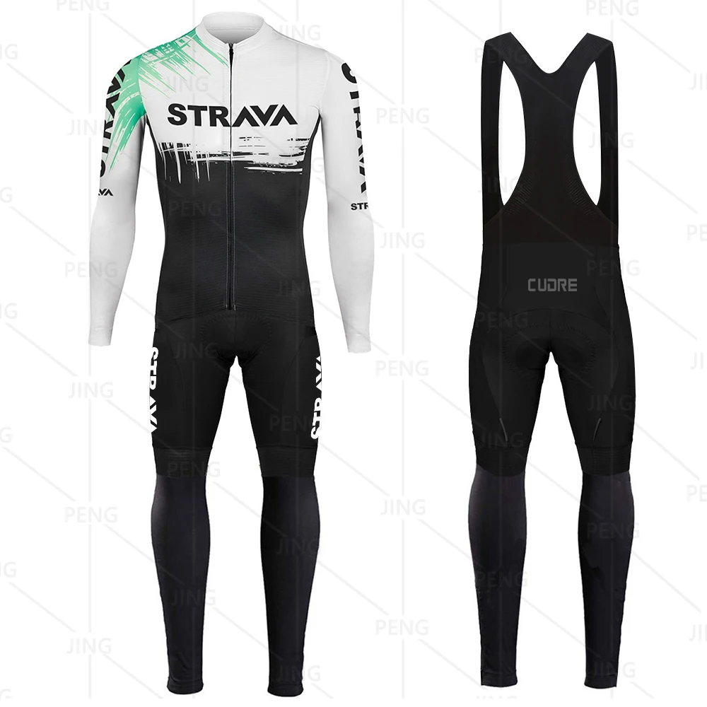 

STRAVA NEW Team Long Sleeve Cycling Jersey Set Bib Pants Ropa Ciclismo Bicycle Clothing MTB Bike Jersey Uniform Men Clothes
