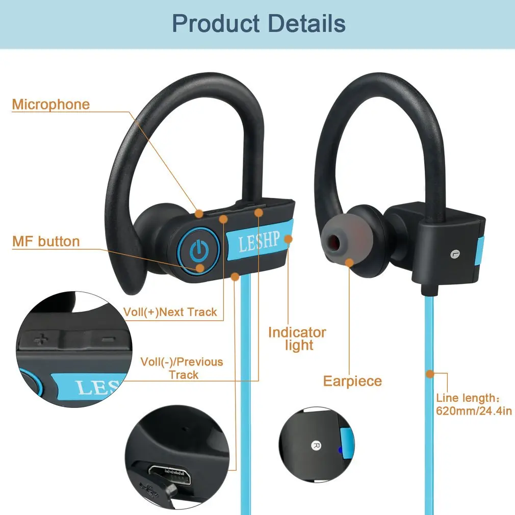 

Wireless Anti-Sweat Sport Hang Ear Headphones Bass Stereo Earbuds Sports Waterproof Earphone Music Headsets For Running Gym