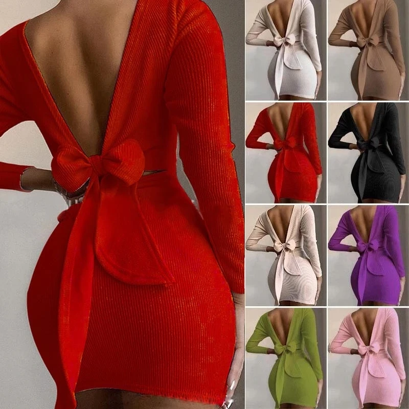 

Women Open Back Knotted Bodycon Mini Dress Sexy Long Sleeve Short Dresses Female 2021 Drawstring ruffled long sleeve dress