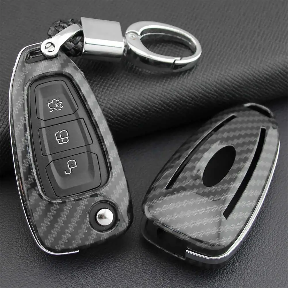 

Car Key Shell Remote Control Bag Protective Cover ABS Carbon Fiber With Key Chain For Ford Focus/Escape/Kuga 2012-2019