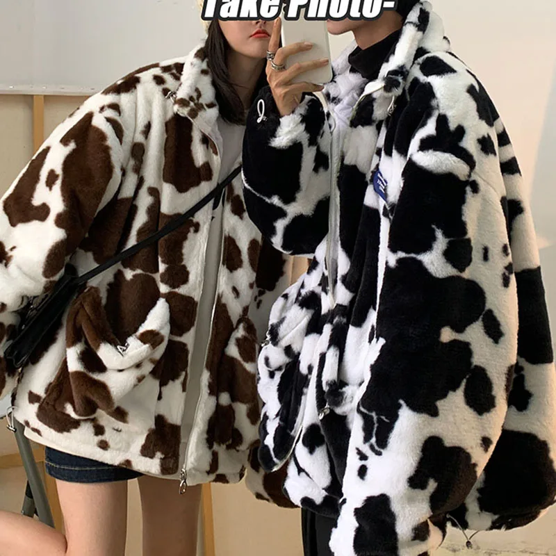 Winter Milk Spot Fur Coat Men Women Fashion Street Thick Warm Jackets Long Sleeve Loose Black White White Coffee Lovers Clothes