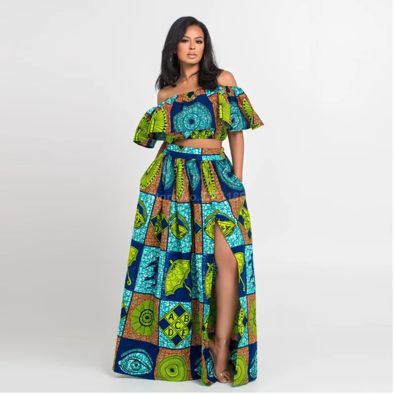 

Africa Dresses for Women Dashiki Bazin Ankera Long Robes Ladies African Clothes Summer Print Party Shoulder Off Sexy Sling Skirt