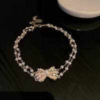 fyuan small bowknot crystal choker necklaces for women pearl chain rhinestone necklaces weddings jewelry