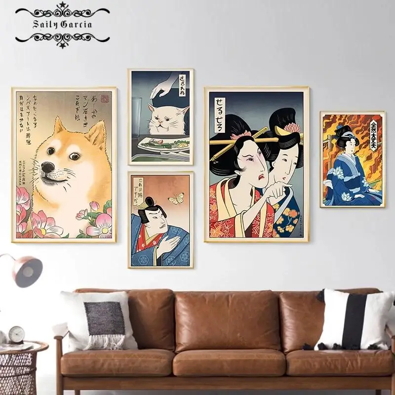 

Japanese Ukiyo Wall Art Print Painting Geisha Cat Dog Modular Pictures Nordic Canvas Poster for Modern Oriental Home Decoration